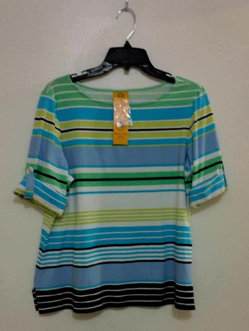 Striped Boatneck Short-Sleeve Top in Blue & Green Ruby Rd. L